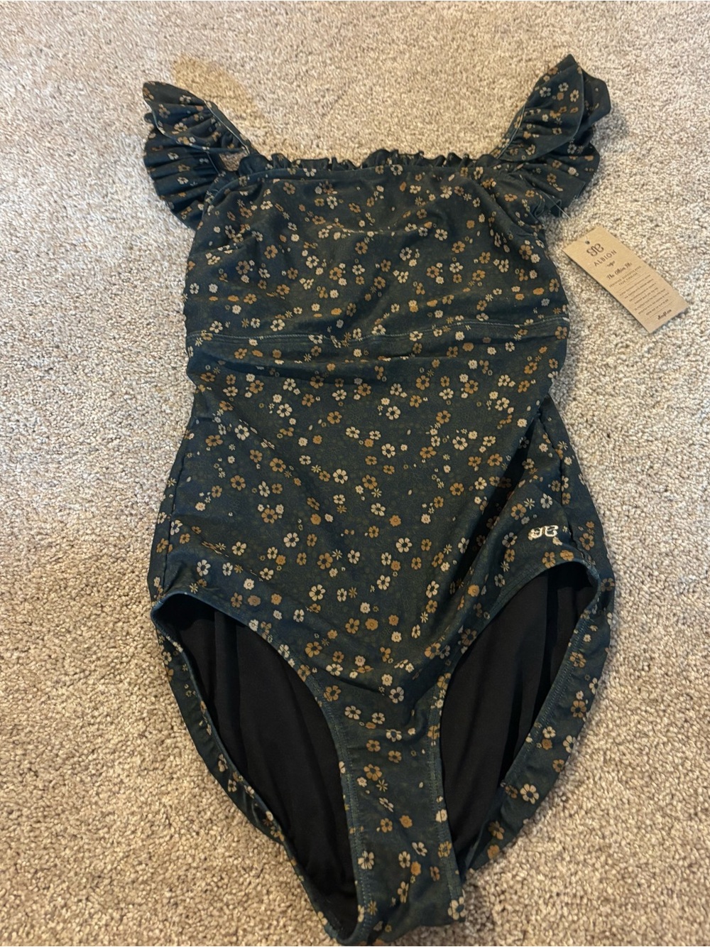Albion Fit Dark Green Floral One-Piece Swimsuit with Ruffle Sleeves